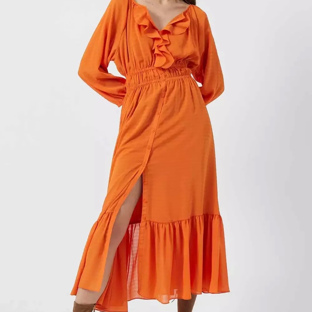 French Connection Anna Cora Pleated Button Down Maxi Dress Orange - Size S